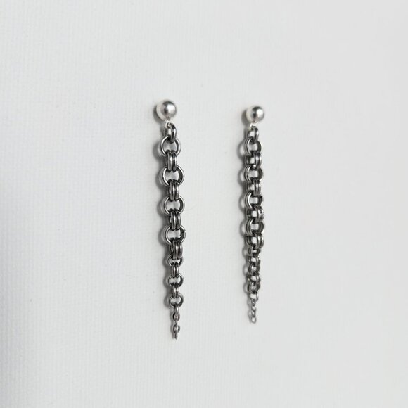 Gothic Medieval chainmail style long dangly spike silver earrings - Picture 7 of 8
